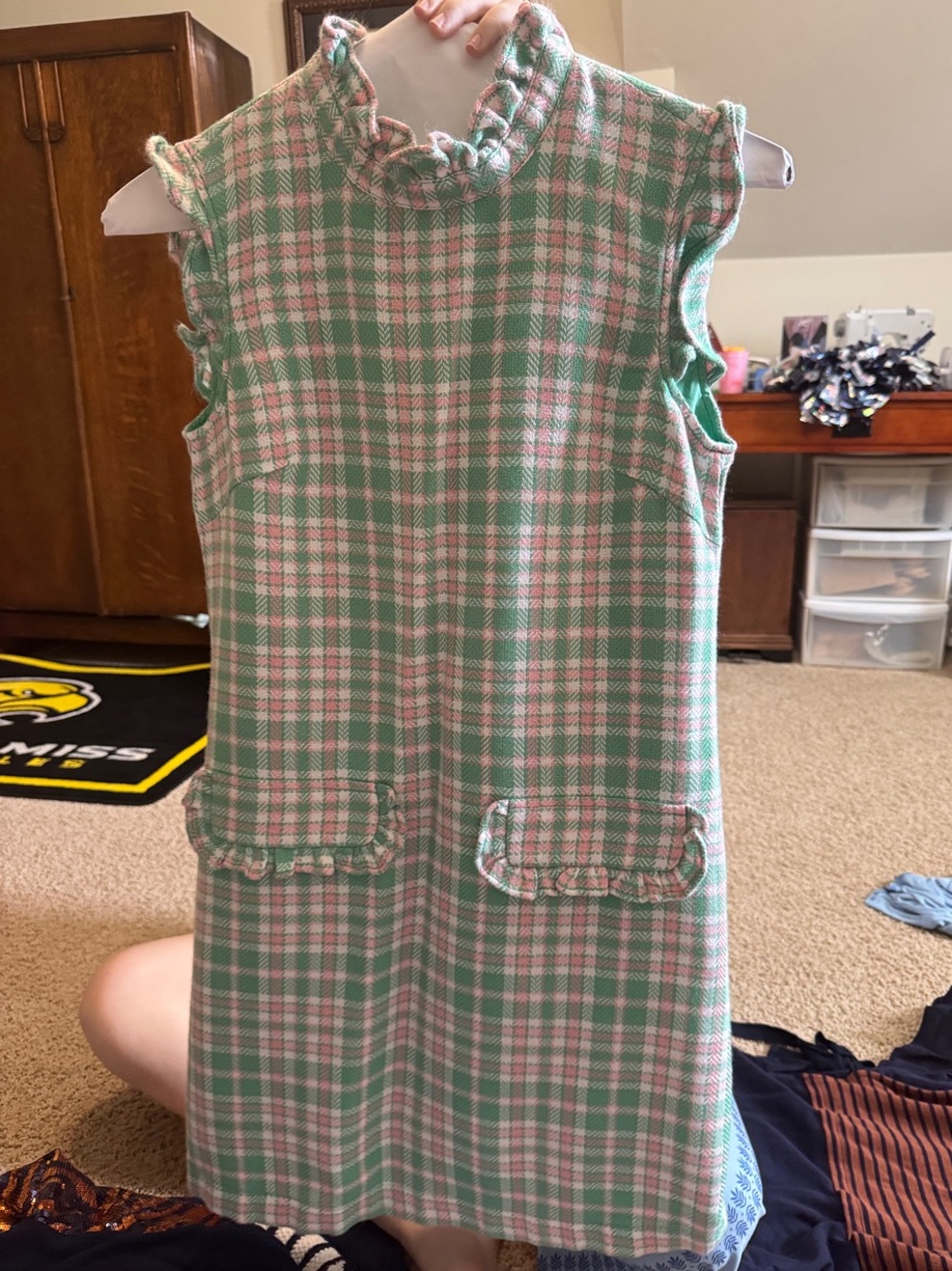 Sleeveless Plaid Shift Dress in Mint Green & Pink